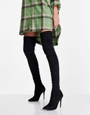 Steve Madden Dominique thigh high boots in black microsuede - ASOS Price Checker