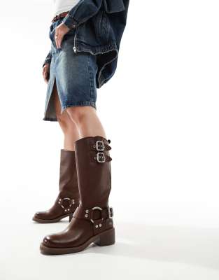 Steve Madden Eastern biker knee boots with chunky hardwear in Brown