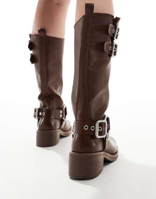 Steve Madden Eastern biker knee boots with chunky hardwear in Brown