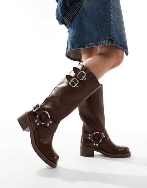 Steve Madden Eastern biker knee boots with chunky hardwear in Brown