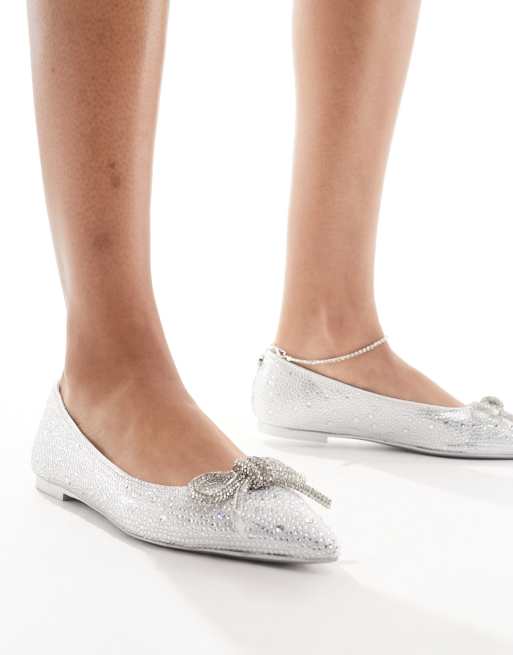 Steve Madden Elina R embellished pointed flat shoe with bow in silver