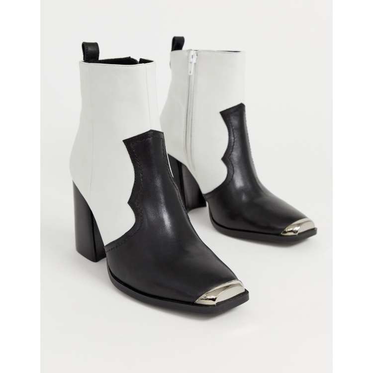 Madden Enzo white leather mix western heeled ankle boots with metal toe | ASOS