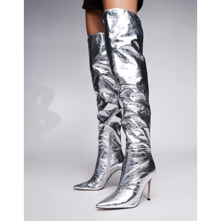 Steve Madden Epic pointed stiletto heelover the knee boots in silver ASOS