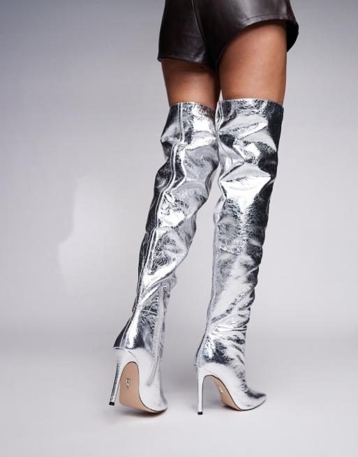 Steve Madden Epic pointed stiletto heelover the knee boots in silver