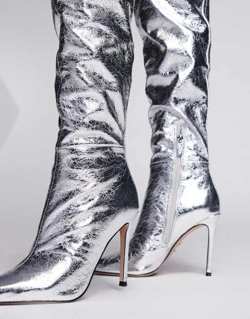 Steve Madden Epic pointed stiletto heelover the knee boots in silver