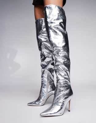 Steve Madden - Epic - Spitze Overknee-Stiefel in Silber mit Stilettoabsatz