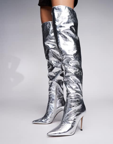 Steve Madden - Epic - Stivali cuissard a punta argento con tacco a spillo - view 1