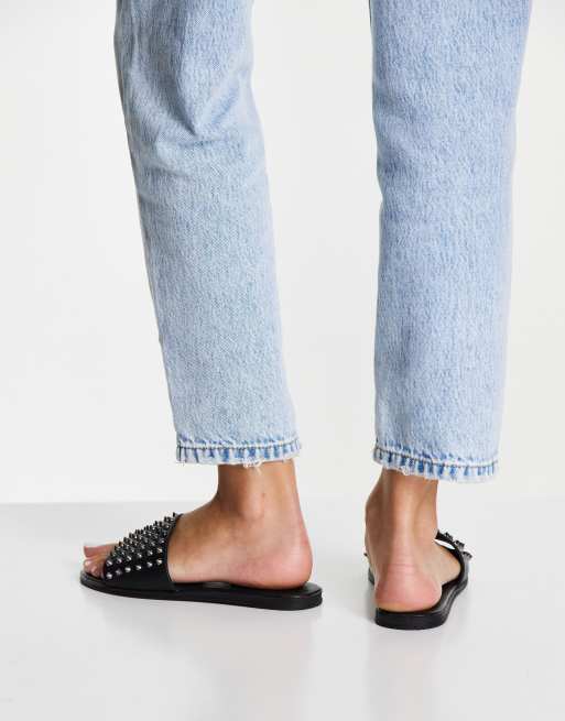 Steve Madden Farryn studded slider sandals in black leather ASOS