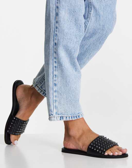 Steve Madden Farryn studded slider sandals in black leather ASOS