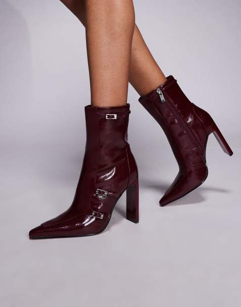 Steve Madden Fasteneded buckle detail high ankle boots in cherry - view 1