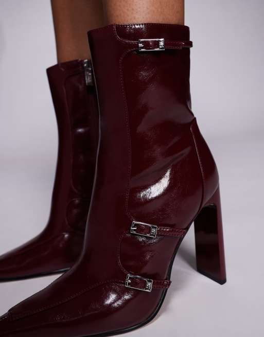 Steve Madden Fasteneded buckle detail high ankle boots in cherry , 4 of 4