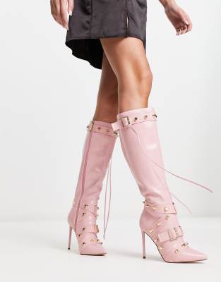 Steve Madden Finkle studded strap heeled knee boots in pink - ASOS Price Checker