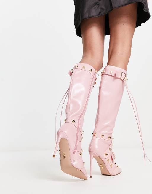 Steve Madden – Finkle – Rosa knähöga klackstövlar med nitade remmar, 2 av 4