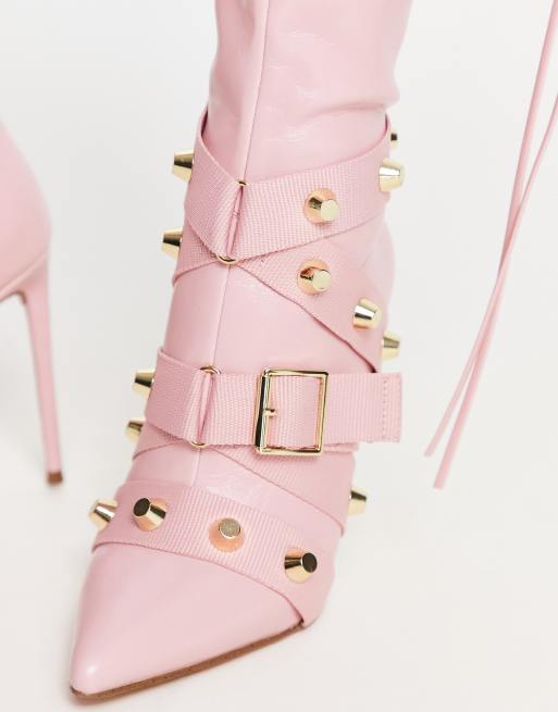 Steve Madden – Finkle – Rosa knähöga klackstövlar med nitade remmar, 4 av 4