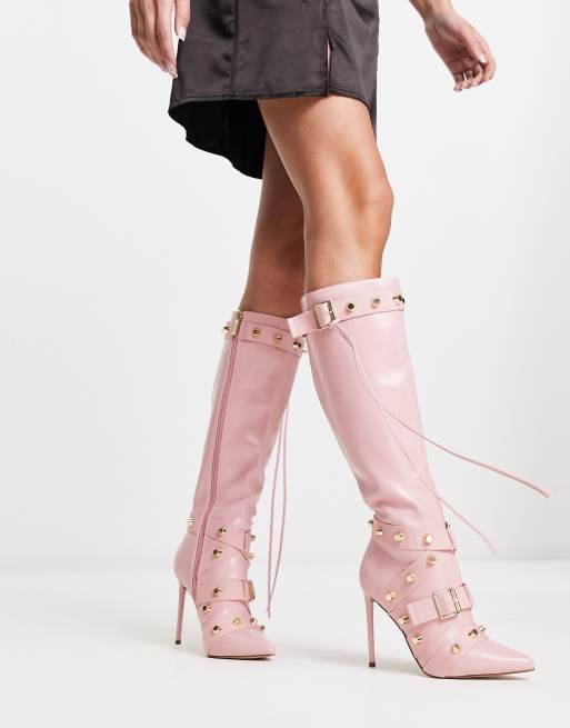 Pink leather knee high boots deals