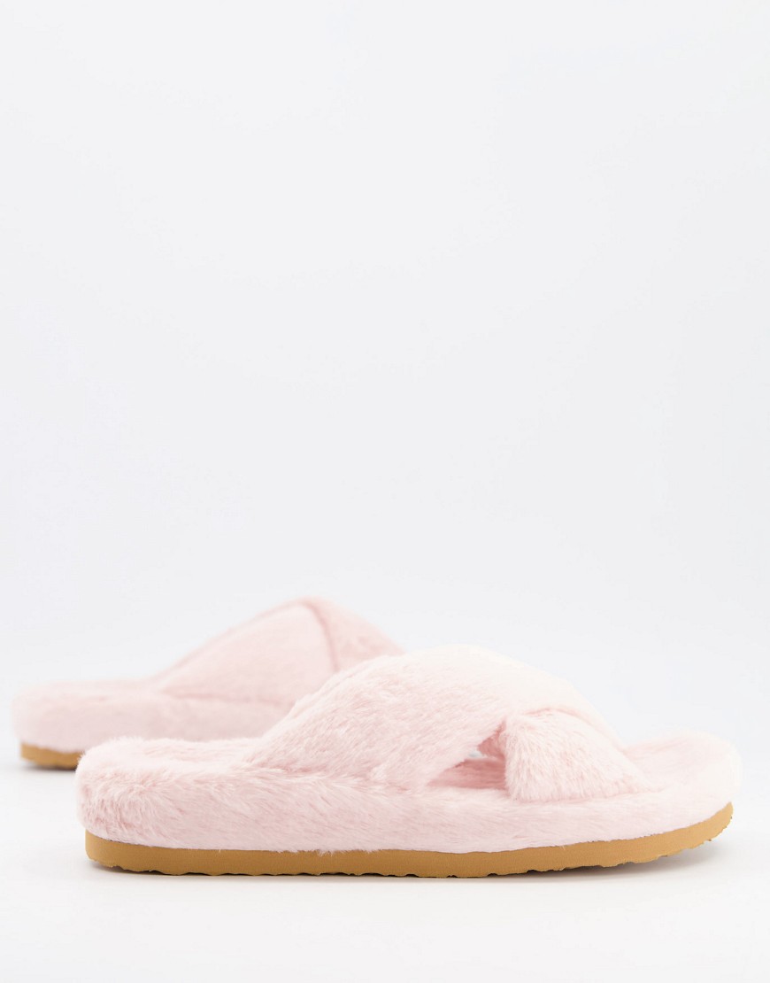 Steve Madden Fuzed fluffy cross strap slippers in pale pink