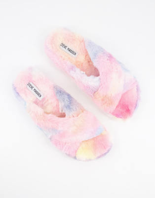 Steve Madden Fuzed fluffy cross strap slippers in rainbow-Multi