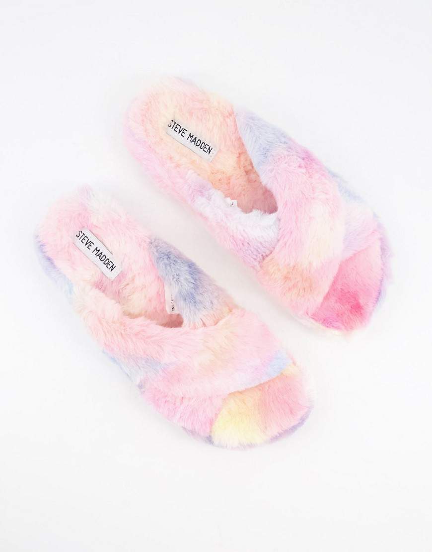 Steve Madden Fuzed fluffy cross strap slippers in rainbow-Multi