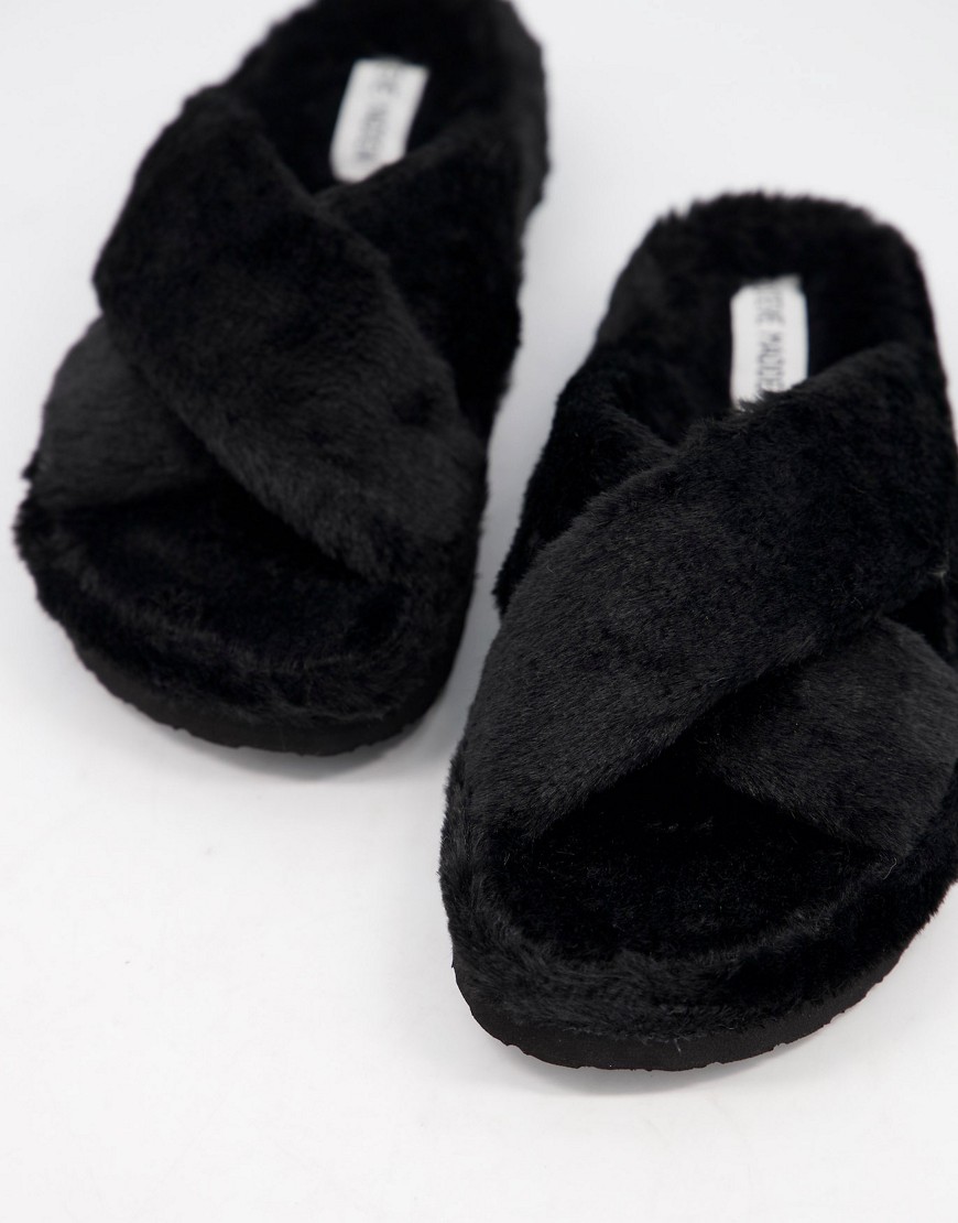 Steve Madden - Fuzed - Pluizige pantoffels met gekruiste banden in zwart