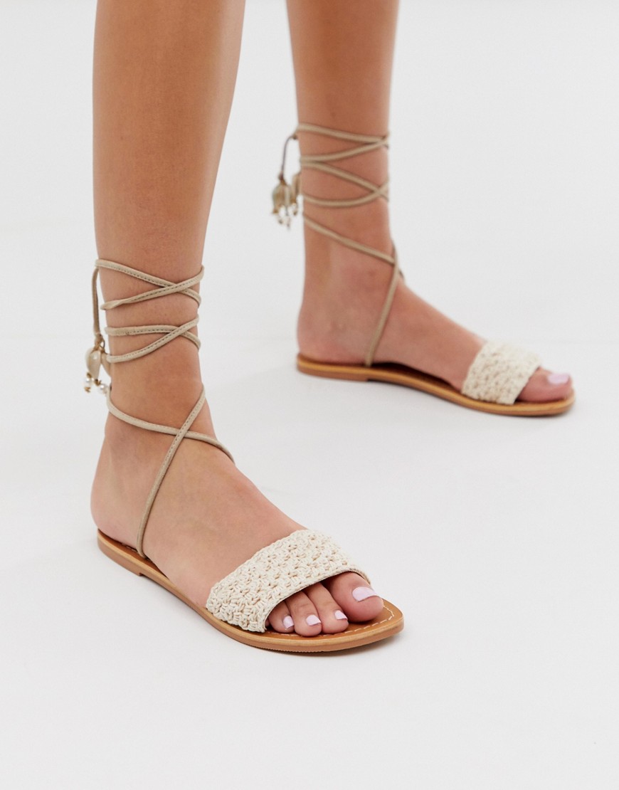 Steve Madden Gemini white natural raffia sandals with shell tie up detail