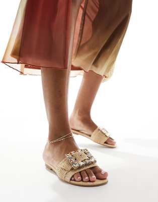 Steve Madden - Getaway - Flache Sandalen aus Raffia mit verzierter Schnalle-Neutral