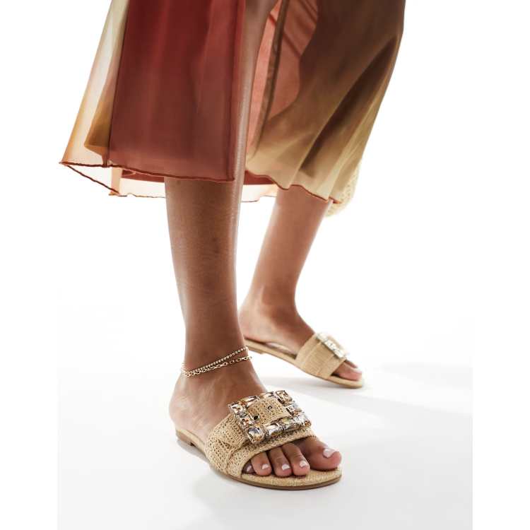 Steve Madden Getaway flat sandal with embellished buckle in raffia ASOS
