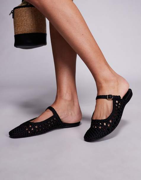 Steve Madden – Glennie – Svarta, vävda, platta skor med öppen häl i satin - view 1