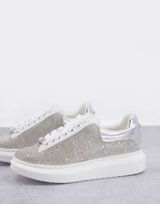 Steve Madden Glimmer rhinestone flatform sneakers in silver | ASOS