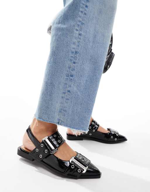 Steve Madden – Grand Ave – Czarne lakierowane płaskie buty z noskami w szpic i klamrami