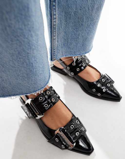 Steve Madden Grand Ave pointed flat shoes with buckle detail in black patent