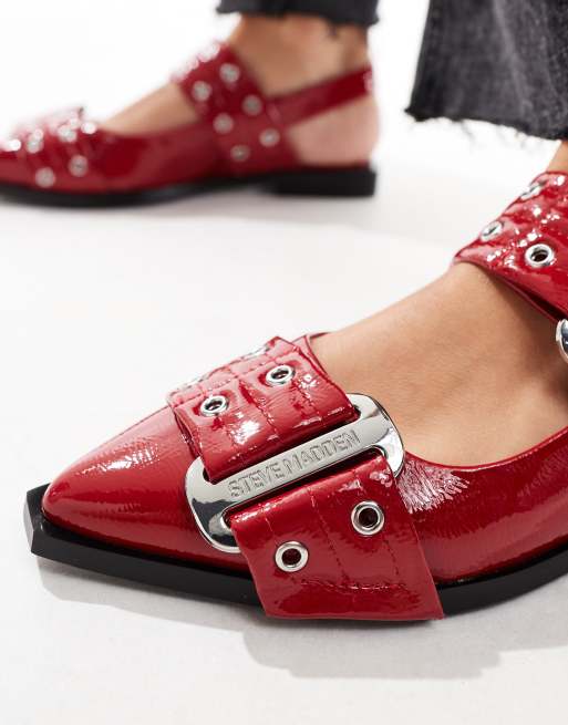 Steve Madden Grand Ave pointed flat shoes with buckle detail in red patent