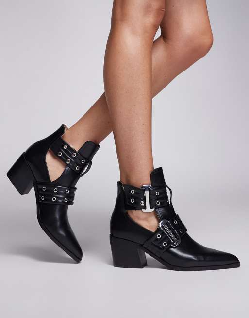 Steve Madden – Gustine – Czarne skórzane botki z noskami w szpic, klamrami i wycięciami 