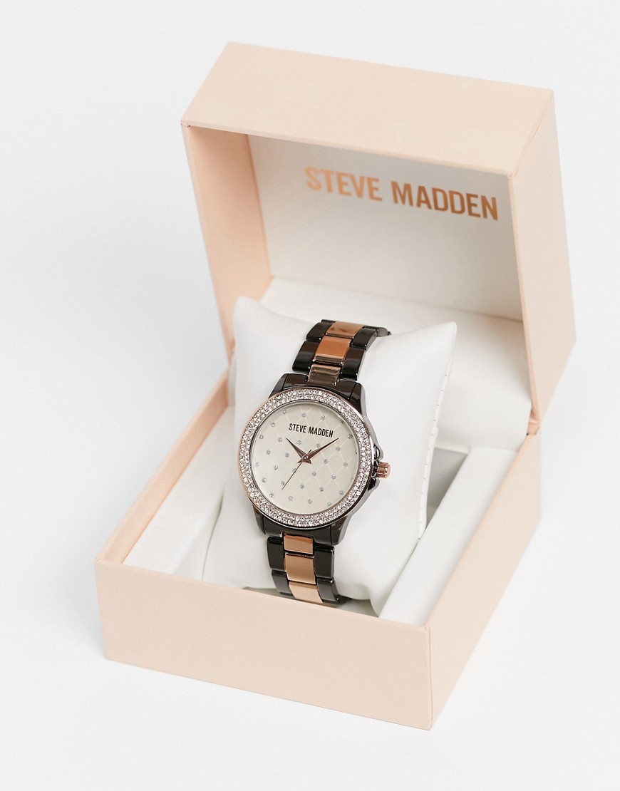 Steve Madden - Horloge met doorgestikte wijzerplaat en siersteentjes in roségoud en zwart-Meerkleurig