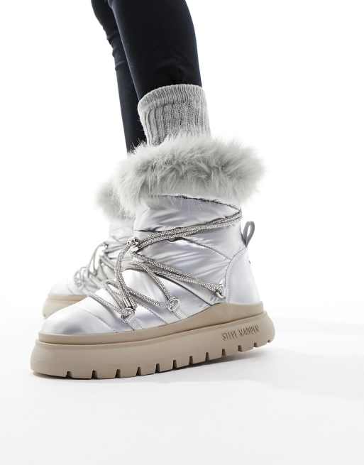 Steve Madden - Ice-Storm - Sølvfarvede snestøvler med udsmykkede snørebånd