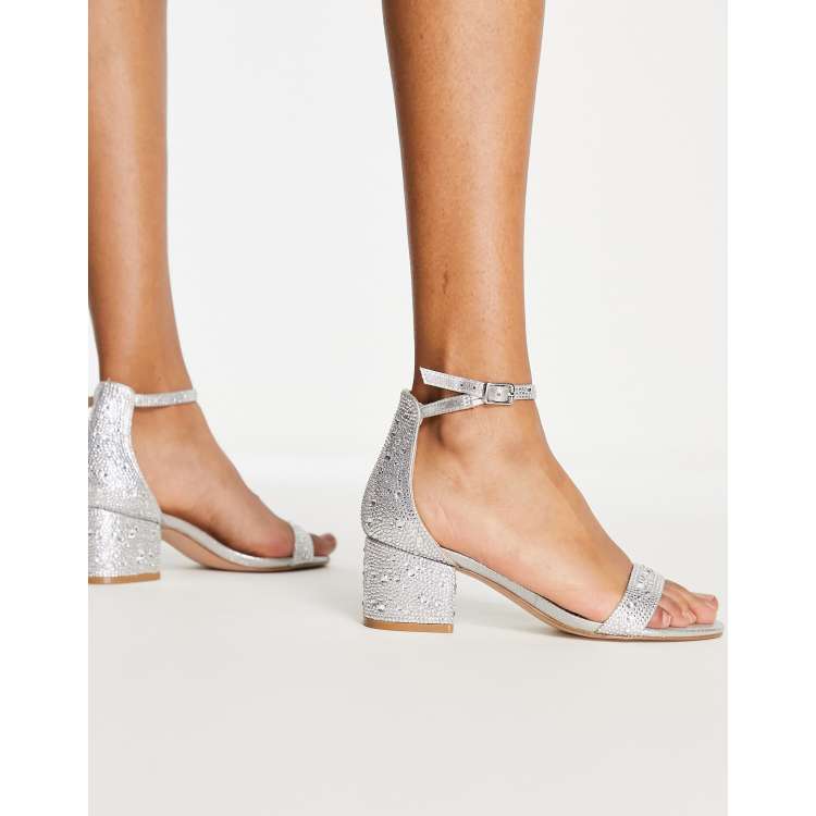 Steve Madden Irenee R mid heeled sandals with ankle strap in silver diamante