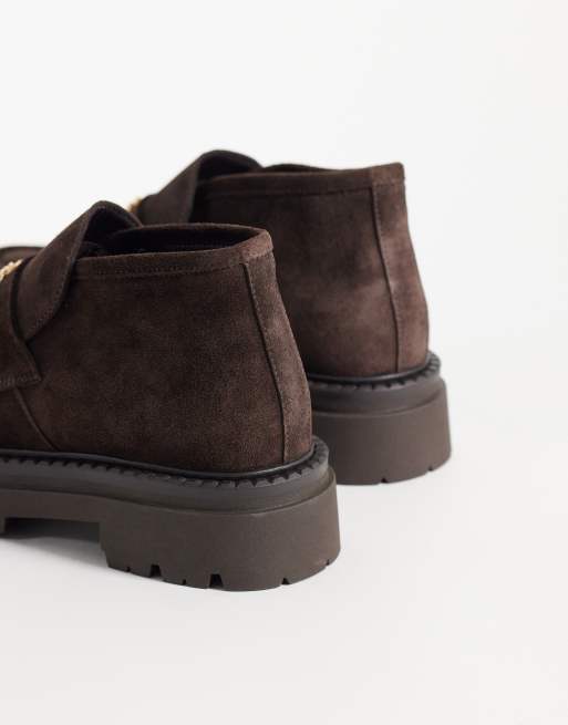 Steve Madden Karima chunky suède hoge loafer in bruin suède, 4 van 4