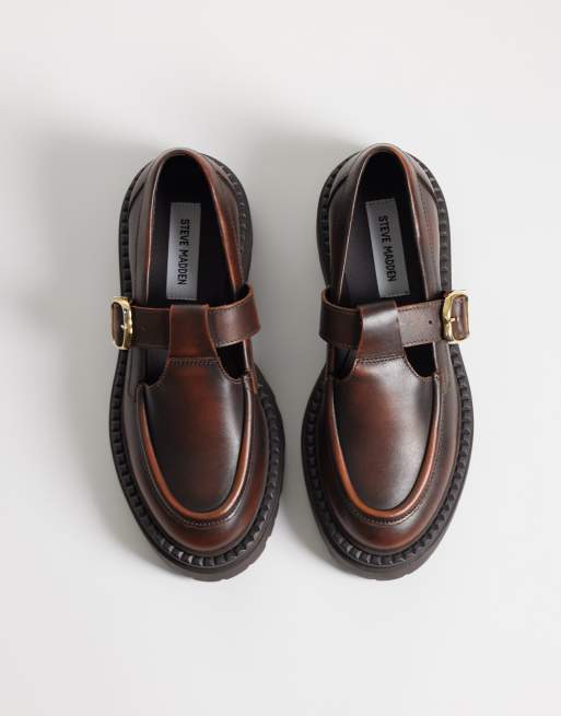 Steve Madden Kendari chunky loafers met gespdetail in bruin leer, 3 van 4