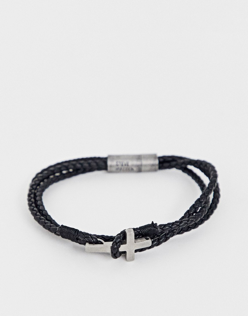 Steve Madden Leather Cord Cross Bracelet In Stainless Steel-black