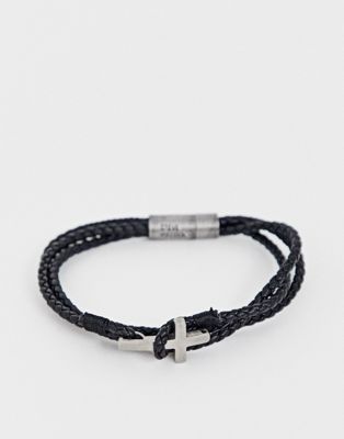 Steve Madden - Leren armband van touw en roestvrij staal met kruisje-Zwart