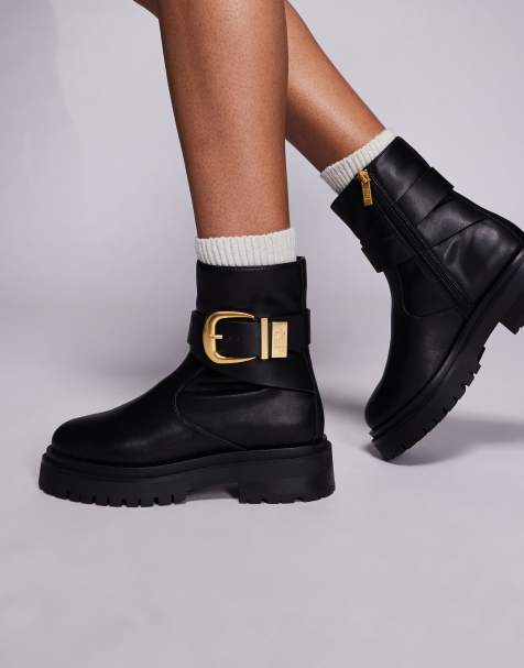 Steve Madden – Lexs – Svarta ankelboots i läder med låg klack och spänne - view 1