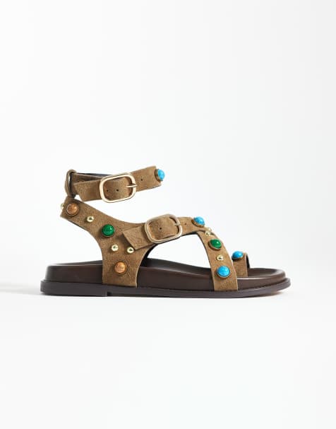 Steve Madden – Linear – Sandalen aus Wildleder in Taupe mit Fußbett, Nietenbesatz und Schnallenriemen - view 1