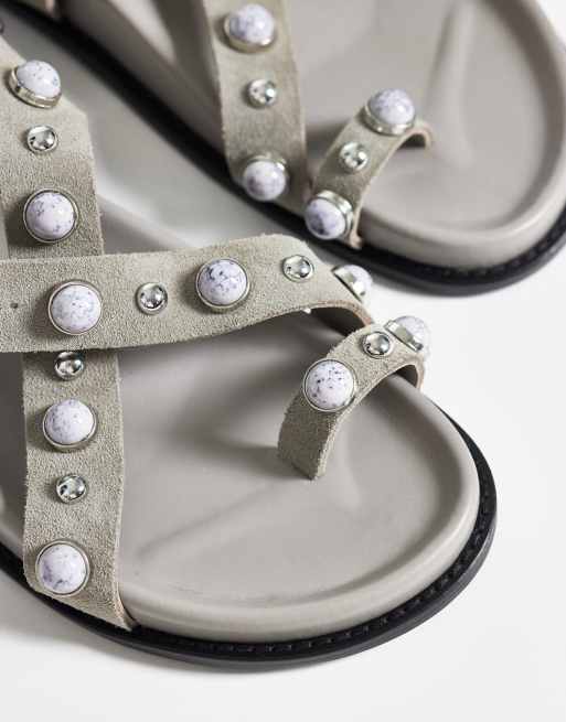 Steve Madden Linear studded footbed sandals with buckle strap in gray suede, 2 of 4