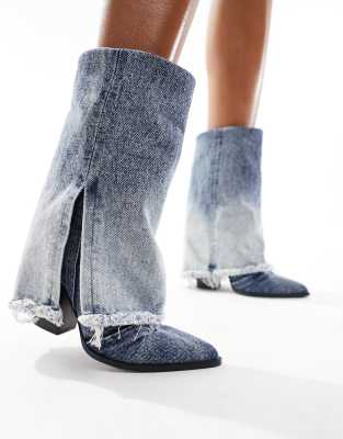 Steve Madden - Livvy - Ankle-Boots aus Denim mit Absatz und ausgefranstem Umschlag-Blau