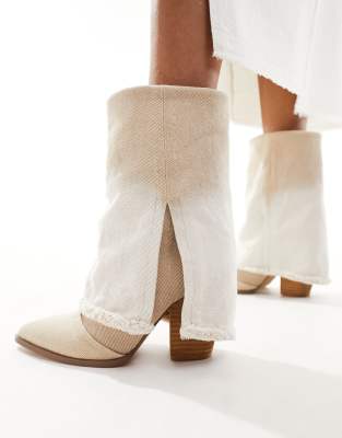 Steve Madden - Livvy - Ankle-Boots aus hellbraunem Denim mit Absatz und ausgefranstem Umschlag-Neutral