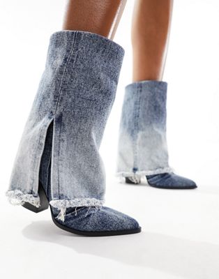 Steve Madden Livvy foldover heeled ankle boots in frayed denim-Blue
