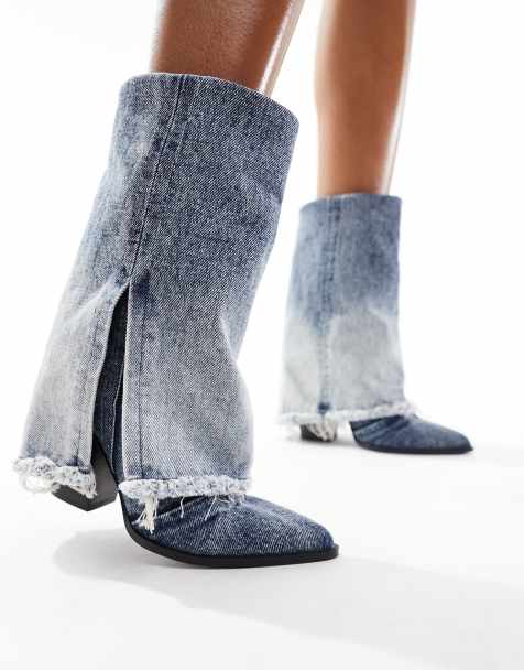 Steve Madden Livvy foldover heeled ankle boots in frayed denim - view 1
