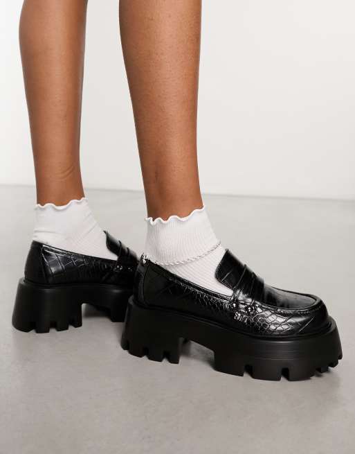 Steve Madden - Madlove - Sorte chunky loafers i imiteret krokodilleskind