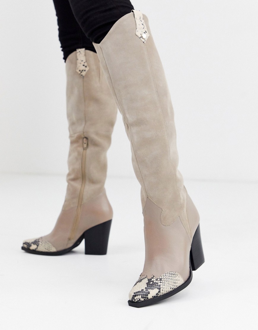 Steve Madden Massion beige leather suede with snake contract toe mid heeled knee high boots