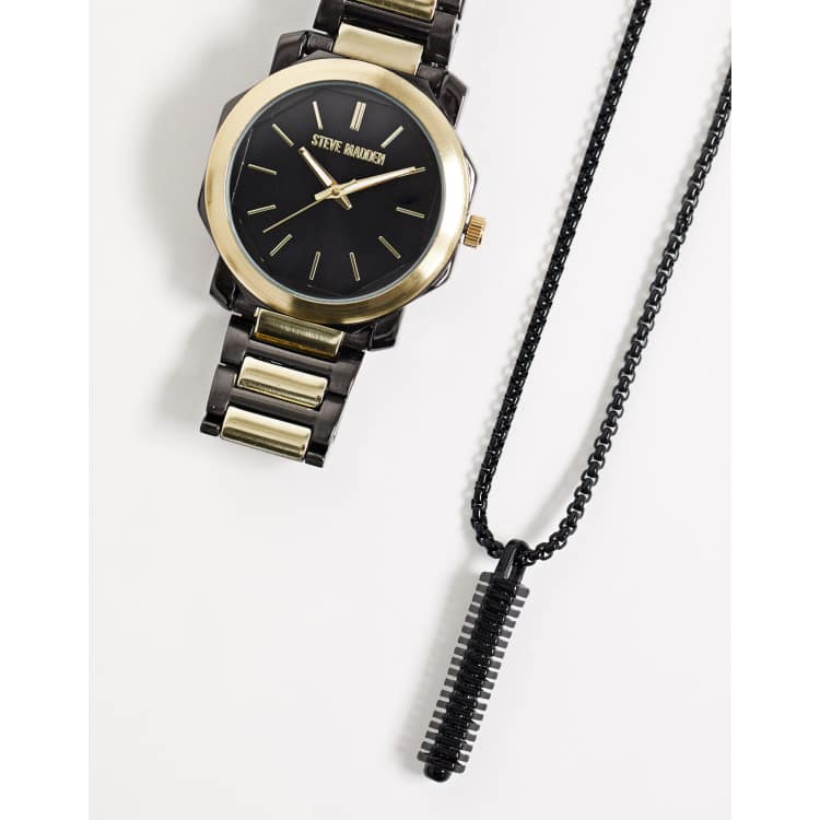 Steve Madden mens watch and jewellery set in black gold