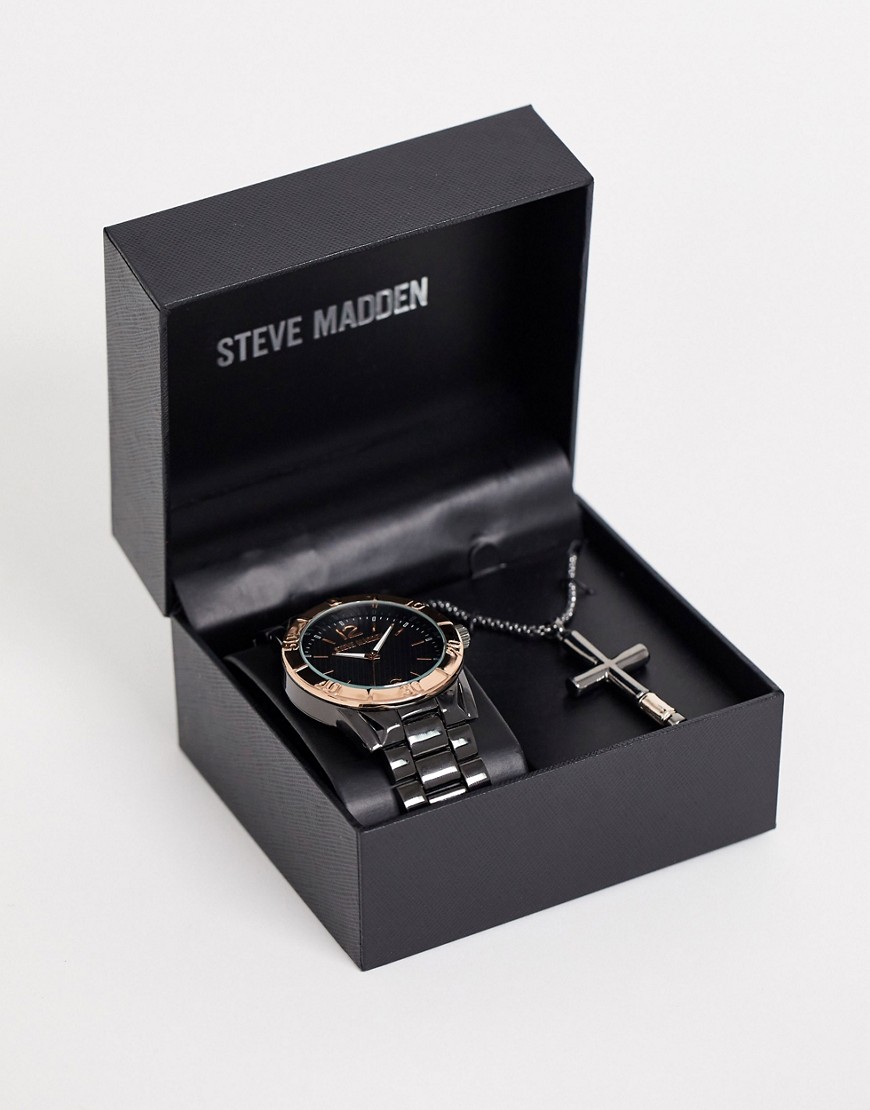 Steve Madden mens watch and jewellery set in black/rose gold